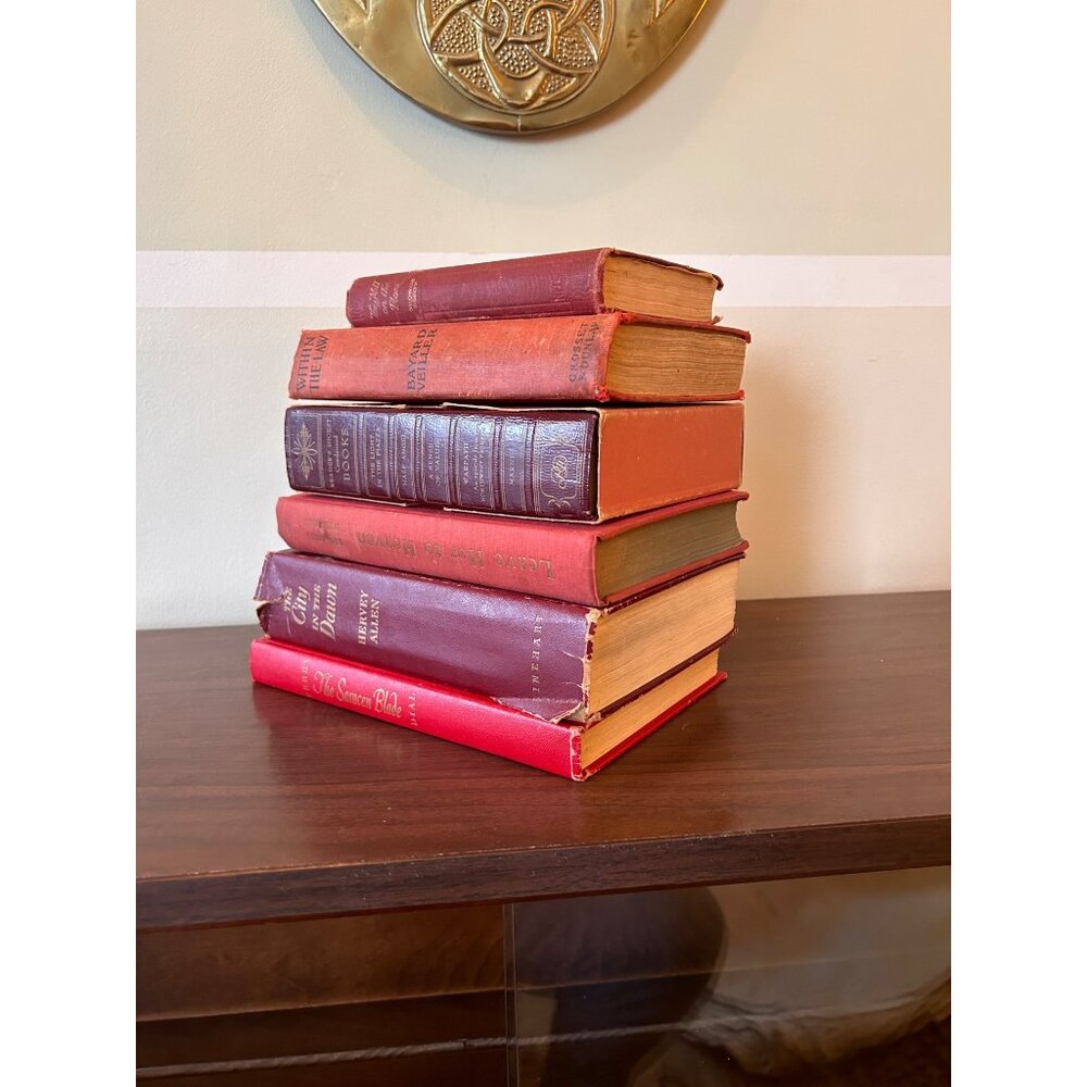 Vintage Decor Stack of 6 Dark Red Hard Covered Vtg Books Wedding Movie Prop Stag